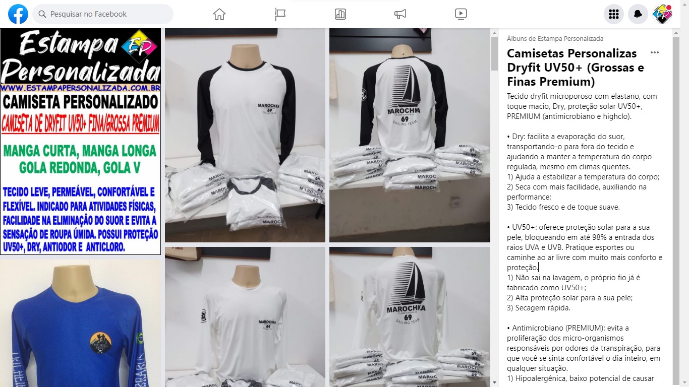 Visite no Facebook Álbuns, as Camisetas Personalizas Dryfit UV50+ Fina Premium (Trabalhos Realizados)