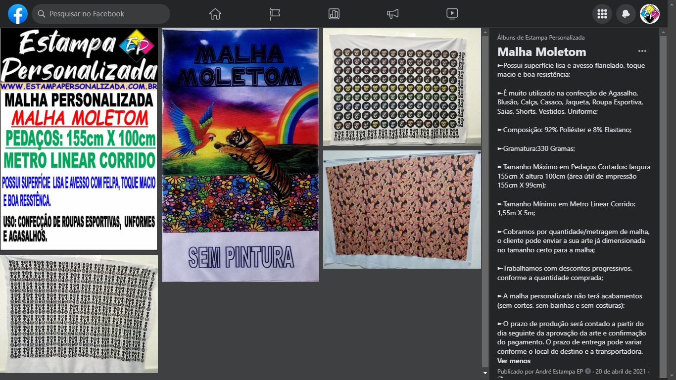 Visite no Facebook Álbuns, as Malhas Impressas Personalizadas em Malha Moletom (Trabalhos Realizados)