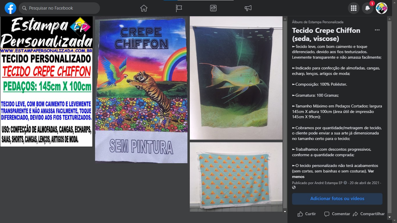 Visite no Facebook Álbuns, os Tecidos Impressos Personalizados em Crepe Chiffon (Trabalhos Realizados)