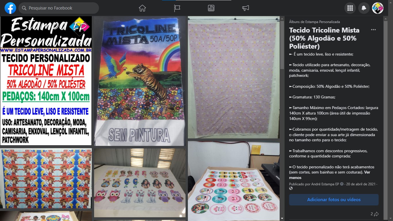 Visite no Facebook Álbuns, os Tecidos Impressos Personalizados em Tricoline Mista (Trabalhos Realizados)