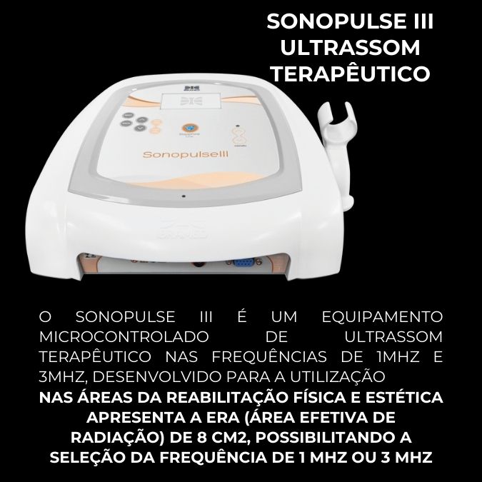 O Sonopulse III é um equipamento microcontrolado de ultrassom terapêutico nas frequências de 1MHz e 3MHz, desenvolvido para a utilização nas áreas da Reabilitação Física e Estética apresenta a ERA (Área Efetiva de Radiação) de 8 cm2, possibilitando a seleção da frequência de 1 MHz ou 3 MHz