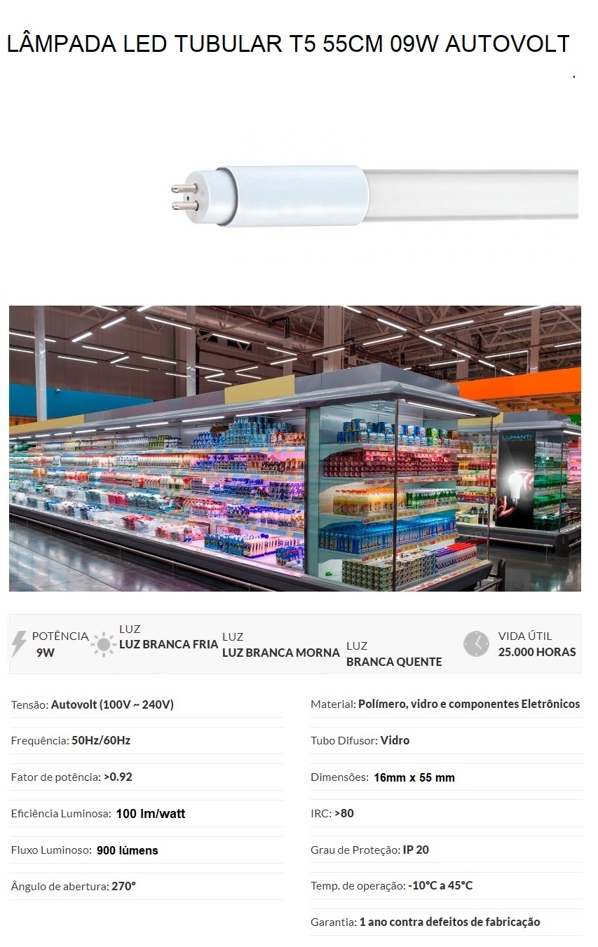 Lâmpada LED Tubular 55cm 9w Bivolt | LED RS