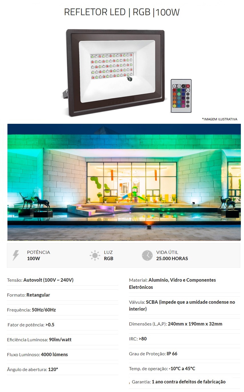 Reflectores Rgv 100w Refletor 100W Rgb Colorido + Controle Com Memória | LED RS